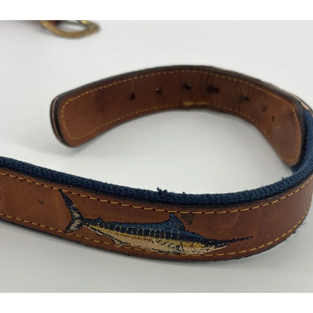 VTG Zeppelin Fish Canvas Leather Belt Size 46 Solid Brass Buckle Made In USA